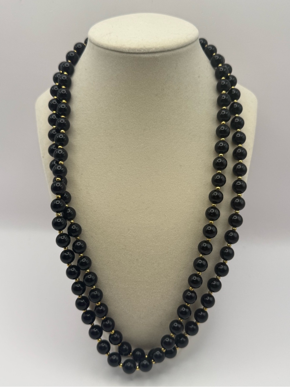 Double Strand Black Beaded Necklace with Gold Accents